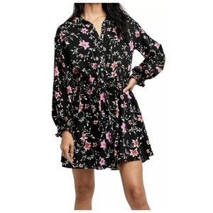 Free People Lighten Up Mini Dress Black Floral Long Sleeve Boho Size Small Fairy